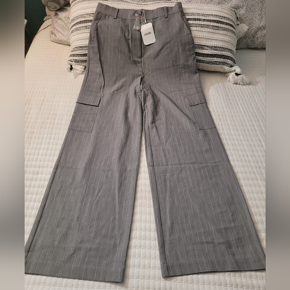 Elodie Gray Pinstripe Wide-Leg Trousers